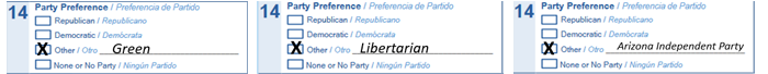 Three examples of the Party Preference question marked 'Other.' 
                            One has Green written in, one has Libertarian written in, and one has Arizona Independent Party written in.