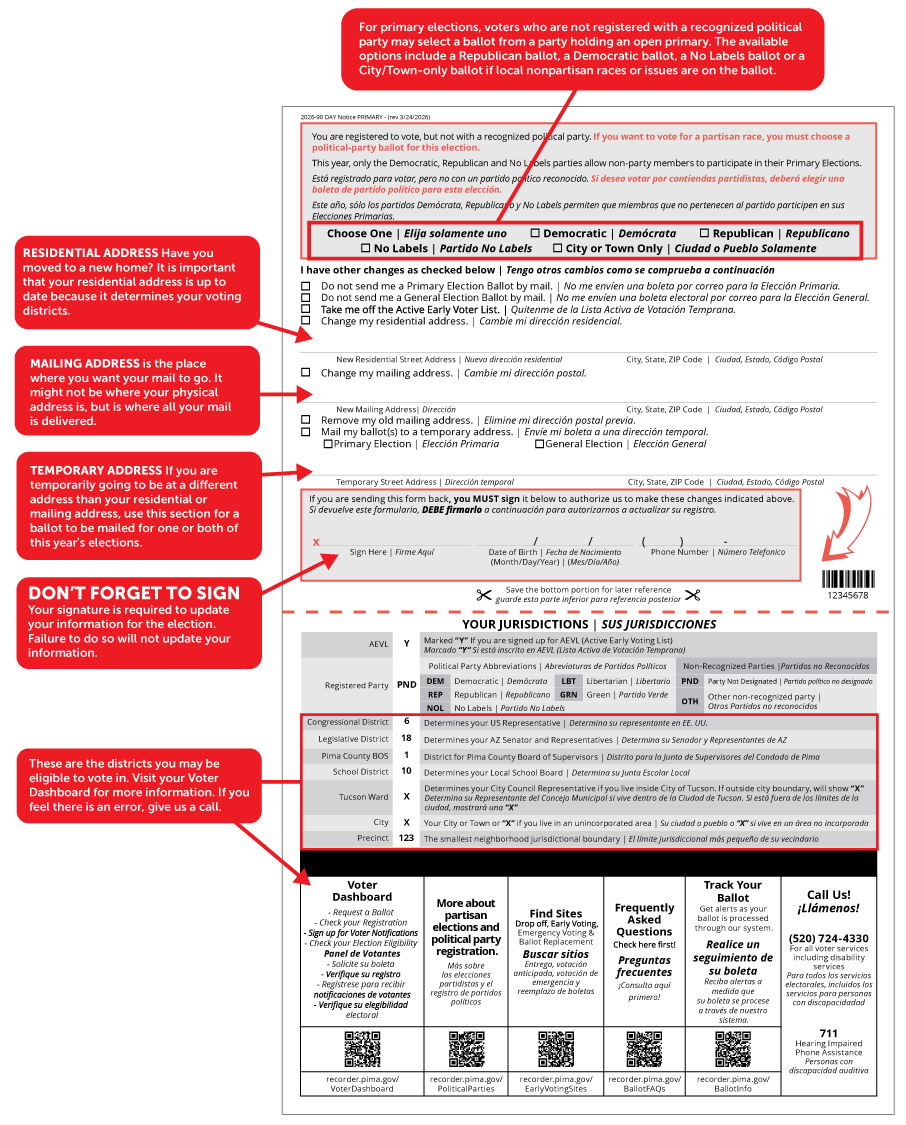 This is a graphic of the second page of the 90-Day Notice. It points out the area of the form to choose which primary ballot you would like to receive. The second section describes part of the form for changing or adding your residential address, your new mailing address or a temporary address. The last section reminds you to sign the form or no changes will be updated.
