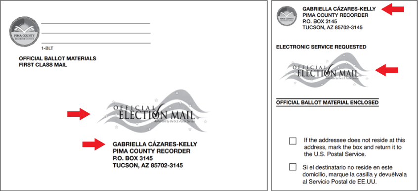 What the envelopes look like that will be sent to you. The Official Election Mail logo means it's from us.