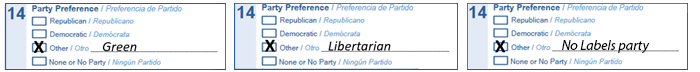 Three examples of the Party Preference question marked 'Other.' One has Green written in, one has Libertarian written in, and one has Arizona Independent Party written in.
